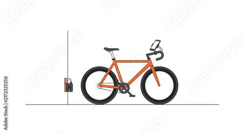 Minimalist Orange Bicycle Illustration with Smartphone Mount and Smart Lock