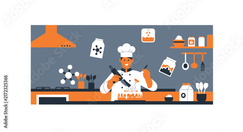 Professional Pastry Chef Decorating Gourmet Cake with Molecular Gastronomy Icons in Modern Kitchen, Flat Vector Illustration