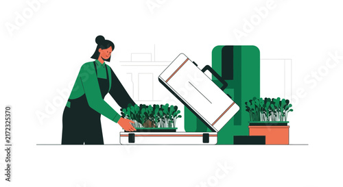 Flat vector illustration of a woman urban farmer growing microgreens in a modern smart gardening system.