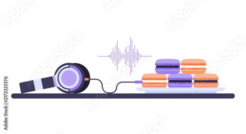 Creative Concept of Headphones Plugged into Macarons with Audio Wave Vector Illustration
