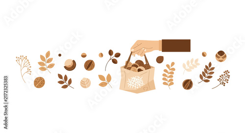 Flat Vector Illustration of Hand Holding Paper Bag with Autumn Nuts and Leaves