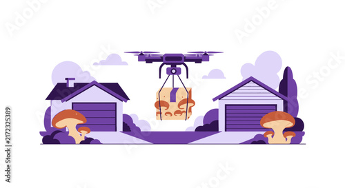 Autonomous Drone Delivering Mushroom Box to Suburban Homes - Flat Vector Illustration of Modern Logistics