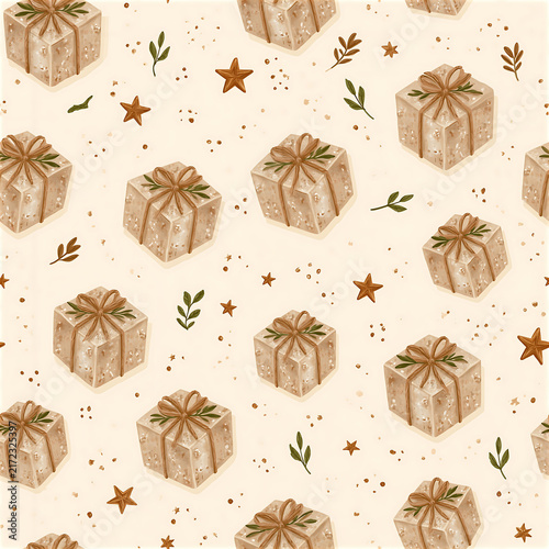 Birthday gift repeat pattern featuring wrapped boxes and foliage