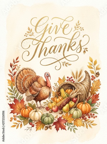 Give thanks lettering with turkey and cornucopia full of harvest. Watercolor Thanksgiving illustration with autumn leaves, pumpkins and wheat. Fall holiday greeting card design.