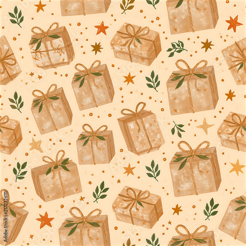 Birthday gift repeat pattern with wrapped presents and holiday elements