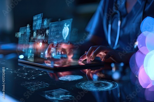 Person uses tablet with futuristic holographic medical data interface