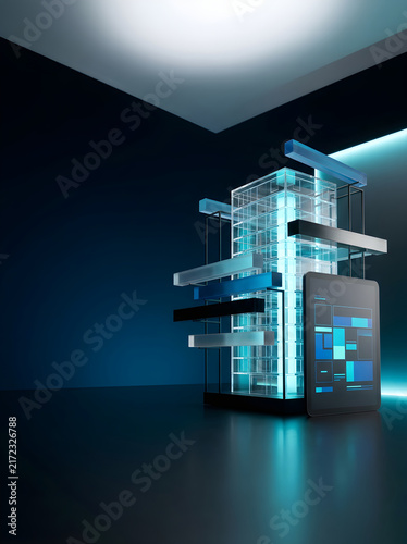 Futuristic Digital Data Server and Tablet Interface in Dark Blue Studio