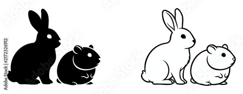 Rabbits and Guinea Pigs Set, Black and White Icons, Animal Illustration, Cute Pet Design, Vector Graphic. with Animals