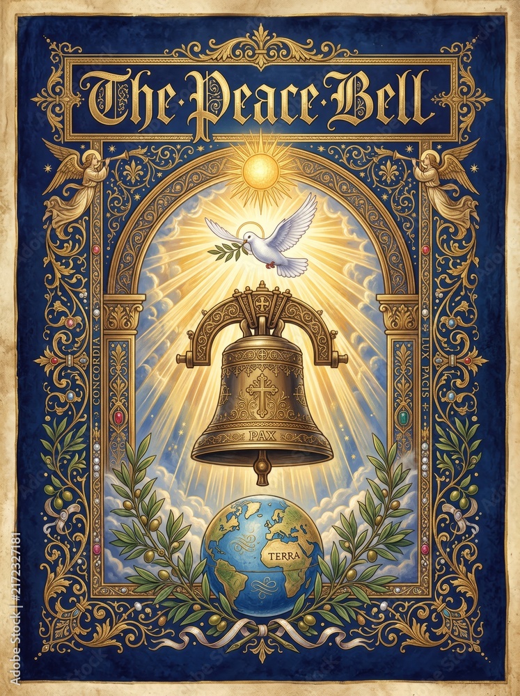 Fototapeta premium The peace bell with white dove holding olive branch above globe in ornate medieval illuminated manuscript style. World peace and harmony concept for international peace day