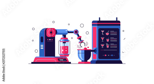 Automated Robotic Bartender Mixing Cocktails Flat Vector Illustration