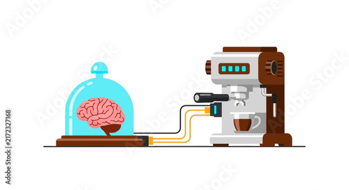 Brain Connected to Espresso Machine Conceptual Vector Illustration