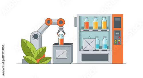 Automated Robotic Arm with Sustainable Beverage Vending Machine Flat Design Illustration