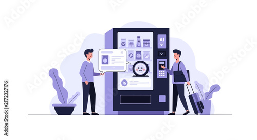 AI-Powered Smart Vending Machine with Travelers and Digital Interface Flat Vector Illustration
