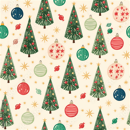 Seamless retro Christmas pattern with trees and ornaments in various colors