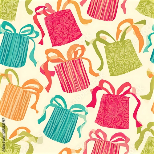 Seamless gift bags and ribbons pattern with colorful motifs on light background