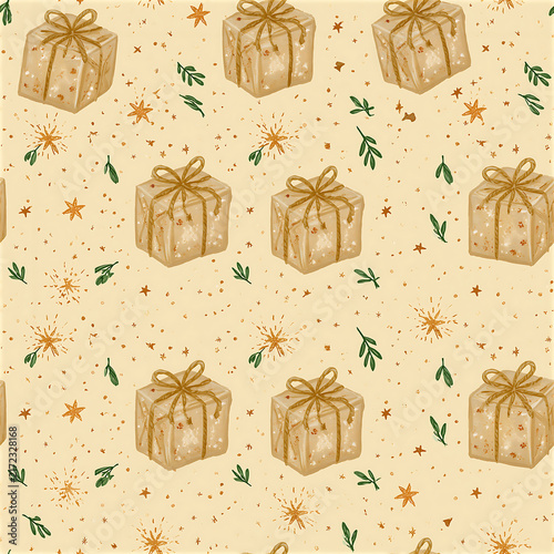 Birthday gift repeat pattern with presents and stars on light background