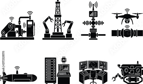 Quadro su tela Industrial IoT Smart Factory Automation Silhouette Icon Set with Robotics Oil Ri
