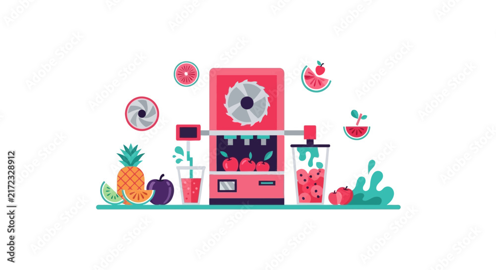 Fototapeta premium Flat Vector Illustration of Automated Fruit Juice and Smoothie Machine with Fresh Tropical Fruits