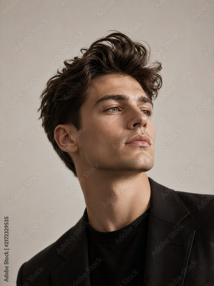 Fototapeta premium Young man in a black blazer looking thoughtfully to the side