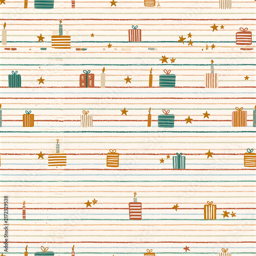 Birthday striped repeat pattern with cakes, gifts, and stars