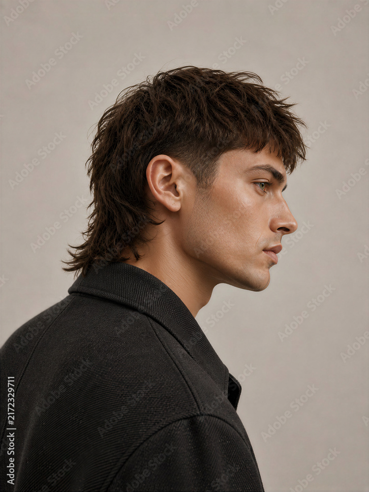 Obraz premium Profile view of a young man with a mullet hairstyle wearing a black jacket