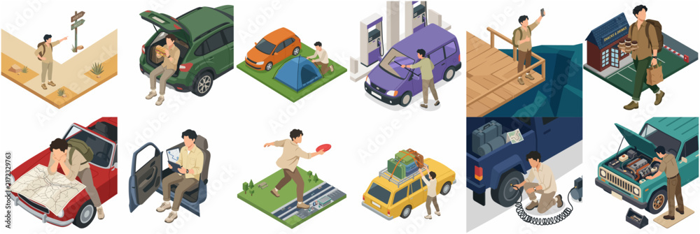 Fototapeta premium Isometric Road Trip Activities and Car Travel Adventure Illustrations Set