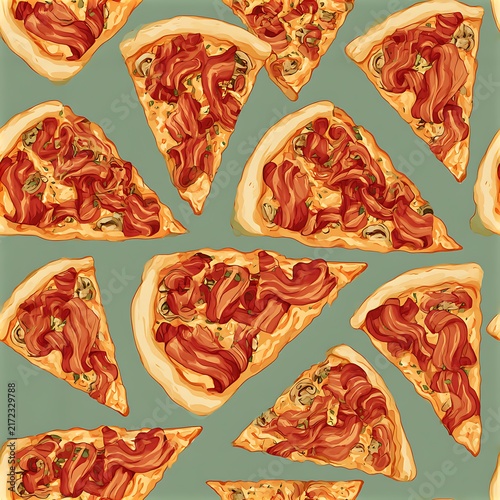 Seamless bacon pizza pattern with pizza slices on a green background