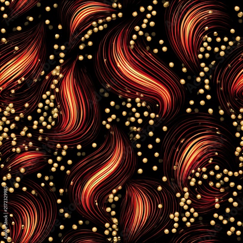 Retro black red gold tileable pattern with flowing shapes and dots