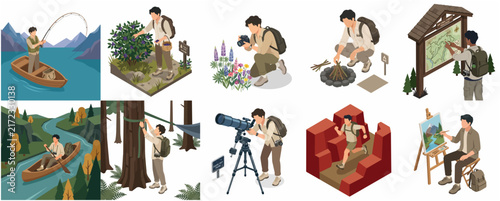 Collection of isometric outdoor activity illustrations featuring hiking, camping, fishing, stargazing, and nature hobbies