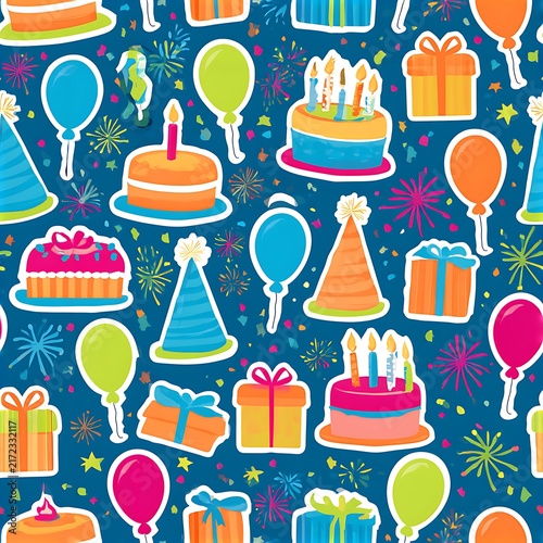 Birthday scrapbook repeat pattern filled with festive elements