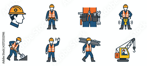 Professional builders and construction workers performing manual labor tasks on active sites with safety gear and heavy machinery equipment displayed in a series of clear colored operational