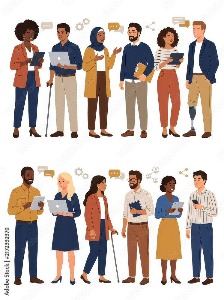 Obraz premium Diverse Business Team Illustration Representing Inclusion and Global Communication with Technology and Collaboration Icons