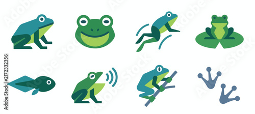 Green frog life cycle set featuring playful amphibians in various active poses like jumping croaking and sitting on lily pads plus tadpole and footprints for nature education and wildlife