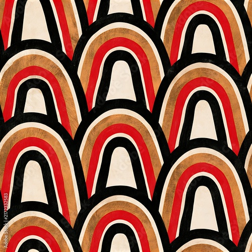 Rainbow curve black red gold seamless pattern with distinct arcs