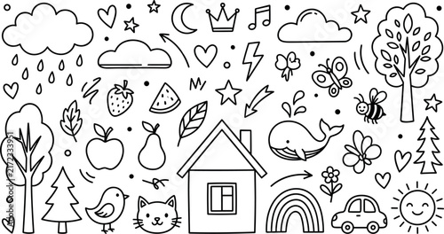 Cute Hand Drawn Kids Doodle Element Vector Set with Cartoon House Rainbow Clouds Sun Trees Animals Fruit and Stars Graphic Illustration
