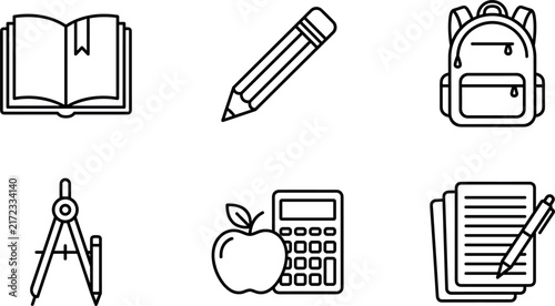 Back to School Line Icon Set with Open Book Pencil Backpack Compass Calculator Apple and Documents for Education Study Graphics