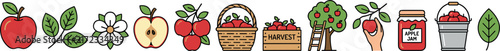 Apple Harvest Icon Set with Red Apples Orchard Trees Blossom Baskets Jam Jar and Farming Elements for Autumn Agriculture Graphics