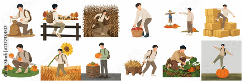 Set of Flat Illustrations Featuring a Young Man Performing Various Autumn Harvest Activities Like Picking Pumpkins, Navigating a Corn Maze, and Farming in the Countryside