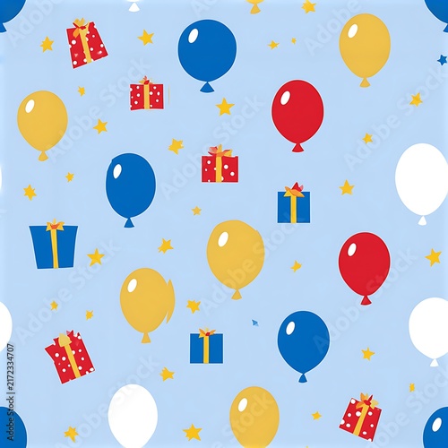 Seamless pattern with balloons and presents in bright colors