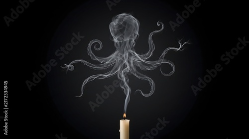 Smoking octopus ink creature rising from candle flame. Glowing bioluminescent deep sea monster illustration. Dark fantasy horror concept art