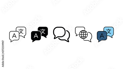Set of diverse language translation and speech bubble flat line icons for web and mobile design