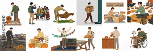 Collection of Illustrations Featuring Autumn Activities, Community Volunteering, and Thanksgiving Celebrations