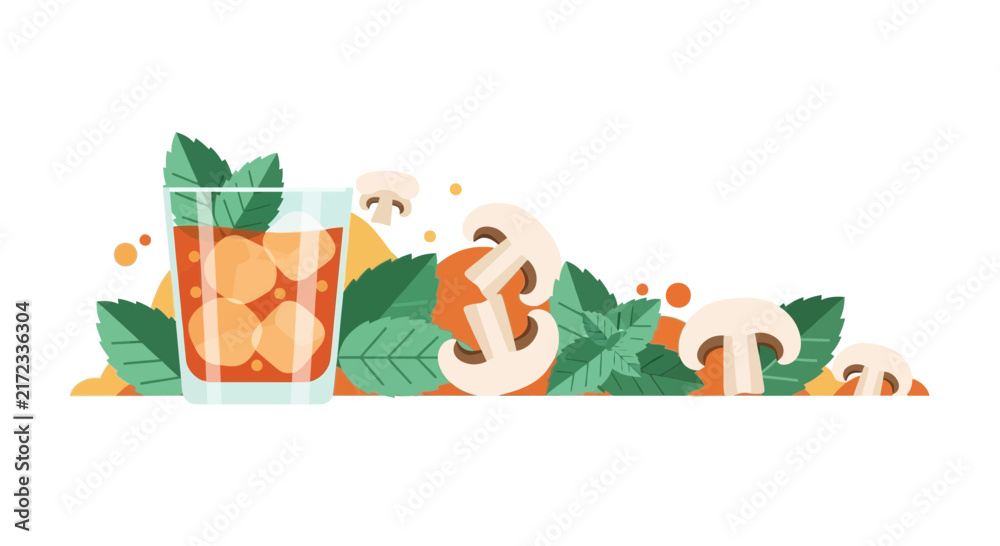 Naklejka premium Modern Flat Vector Illustration of a Savory Mushroom Cocktail with Mint and Ice
