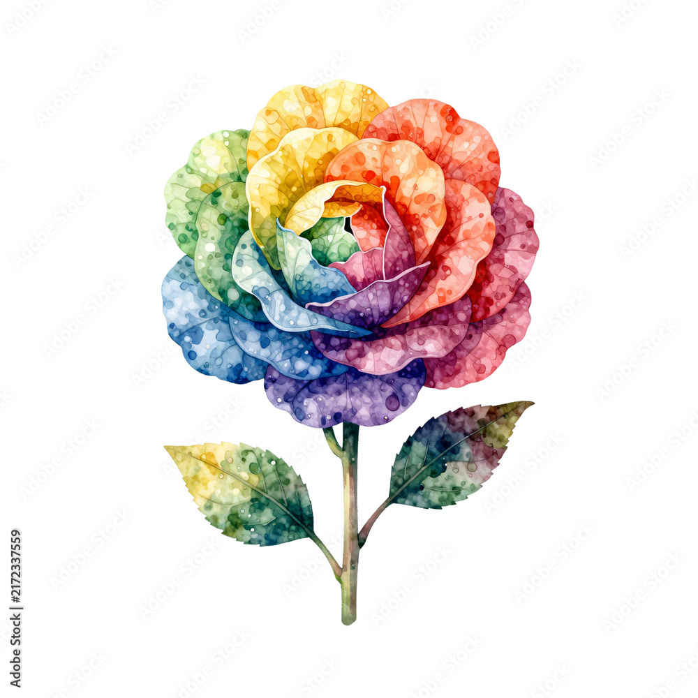 Obraz premium Watercolor rainbow rose flower with visible petals and green leaves on a white background