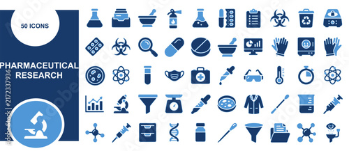 Set of fifty pharmaceutical research icons for laboratory science medical development and clinical diagnostic testing symbols