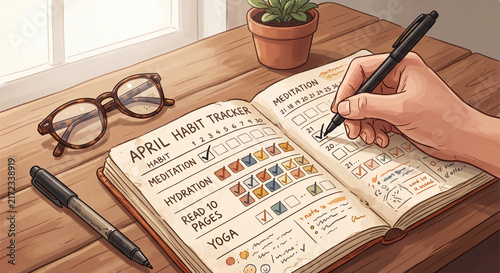 Daily habit tracking for April with a focus on meditation, hydration, reading, and yoga on a wooden table near a window