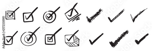 set of hand drawn checkbox. task approval and completion. tick sign. symbol.