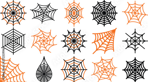 Set of various hand drawn spider web illustrations for halloween decorations and spooky holiday design elements