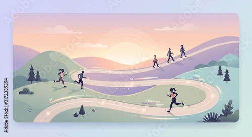 Runners and walkers on a winding path during sunset in a serene hilly landscape