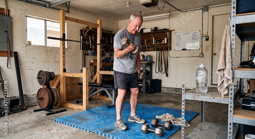 Older man lifts weights in a garage gym during the afternoon to maintain fitness and strength